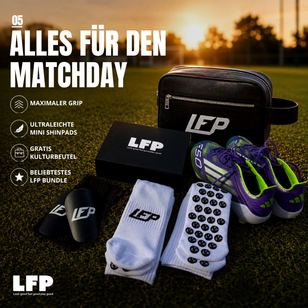 LFP Matchday Bundle – 3x Gripsocks, Mini Shinpads (9,5x6cm) & Kulturbeutel