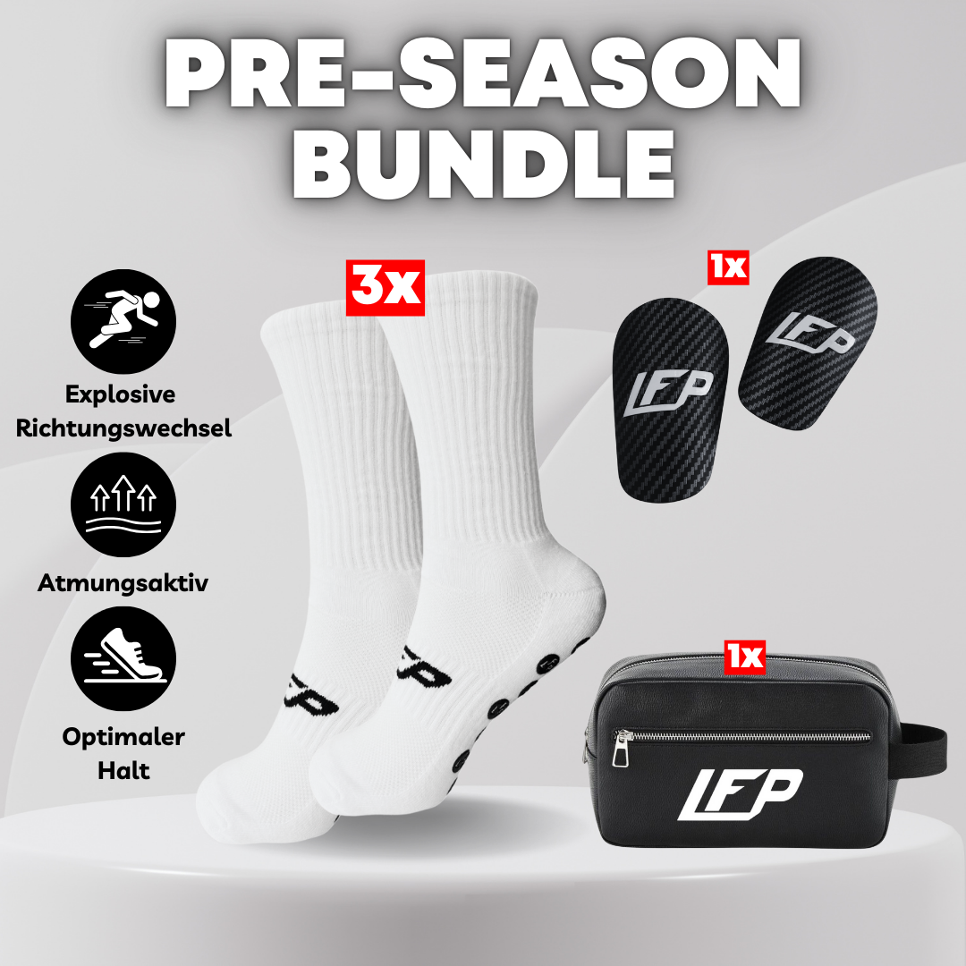 Pre-Season Bundle: 3x Gripsocken, Mini Shinpads 9,5x6cm & Kulturbeutel
